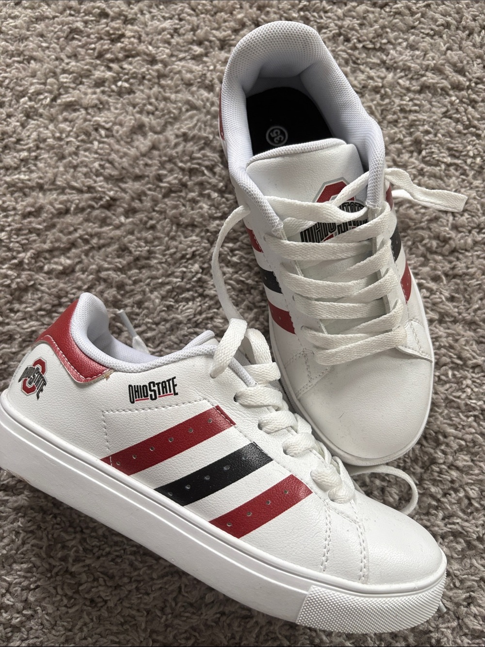 Ohio State White Sneakers with Red & Black Stripes